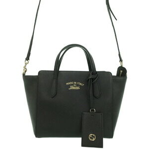 Gucci Swing Top Handle 2way Tote Shoulder Bag pebbled leather Black